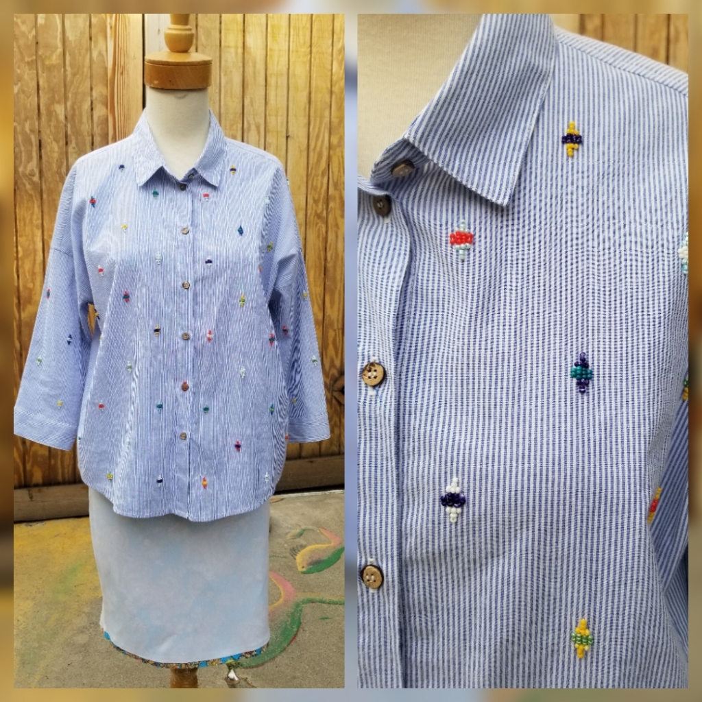 Velvet Heart Pin Stripe Button Front Collar With Beads Shirt